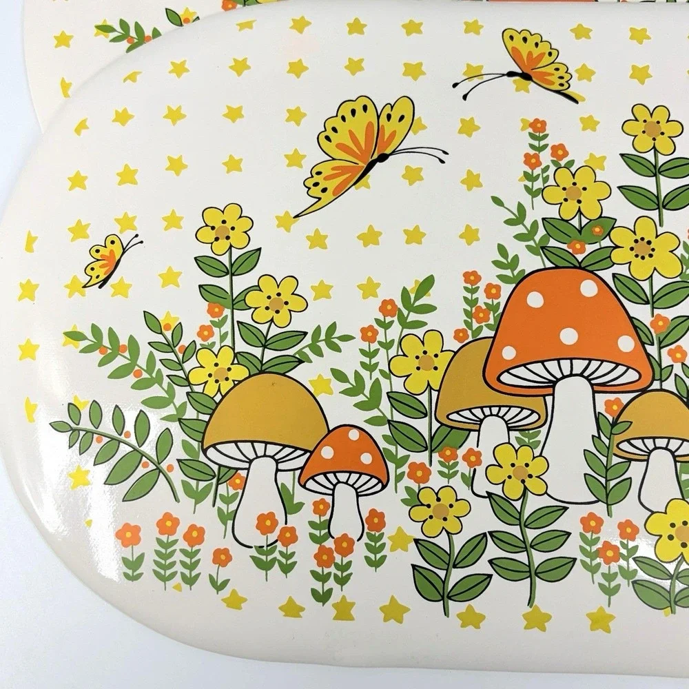 Vintage Marika Vinyl Foam Placemats 2 Pc Mushroom Butterfly Orange Yellow 18x12